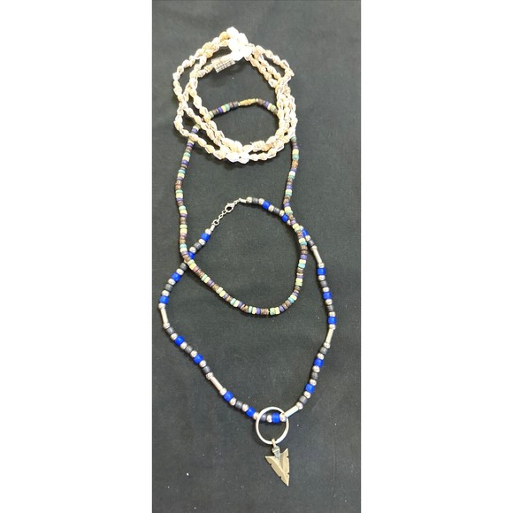 Other - 3 beaded necklaces young adult surfer beach arrowhead black metal blue brown